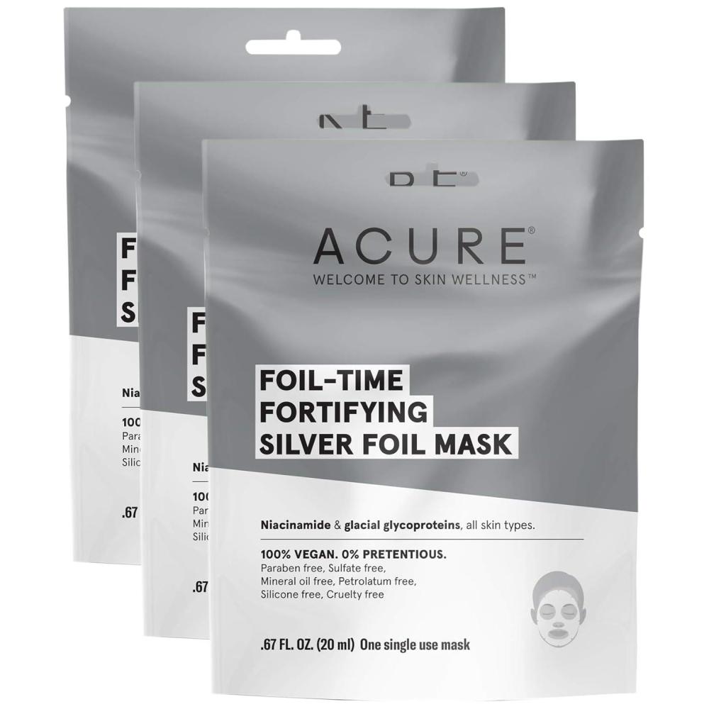 imageAcure FoilTime Fortifying Silver Mask 100 Vegan Traps Heat to Open Pores For Superior Serum Delivery Niacinamide amp Glacial Glycoproteins For Rejuvenated amp Refreshed Apprearance 1 Count ACO021461 Count Pack of 3