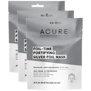 Acure Foil-Time Fortifying Silver Mask | 100% Vegan | Traps Heat to Open Pores For Superior Serum Delivery | Niacinamide & Glacial Glycoproteins – For Rejuvenated & Refreshed Apprearance | 1 Count (ACO02146)(1 Count (Pack of 3))